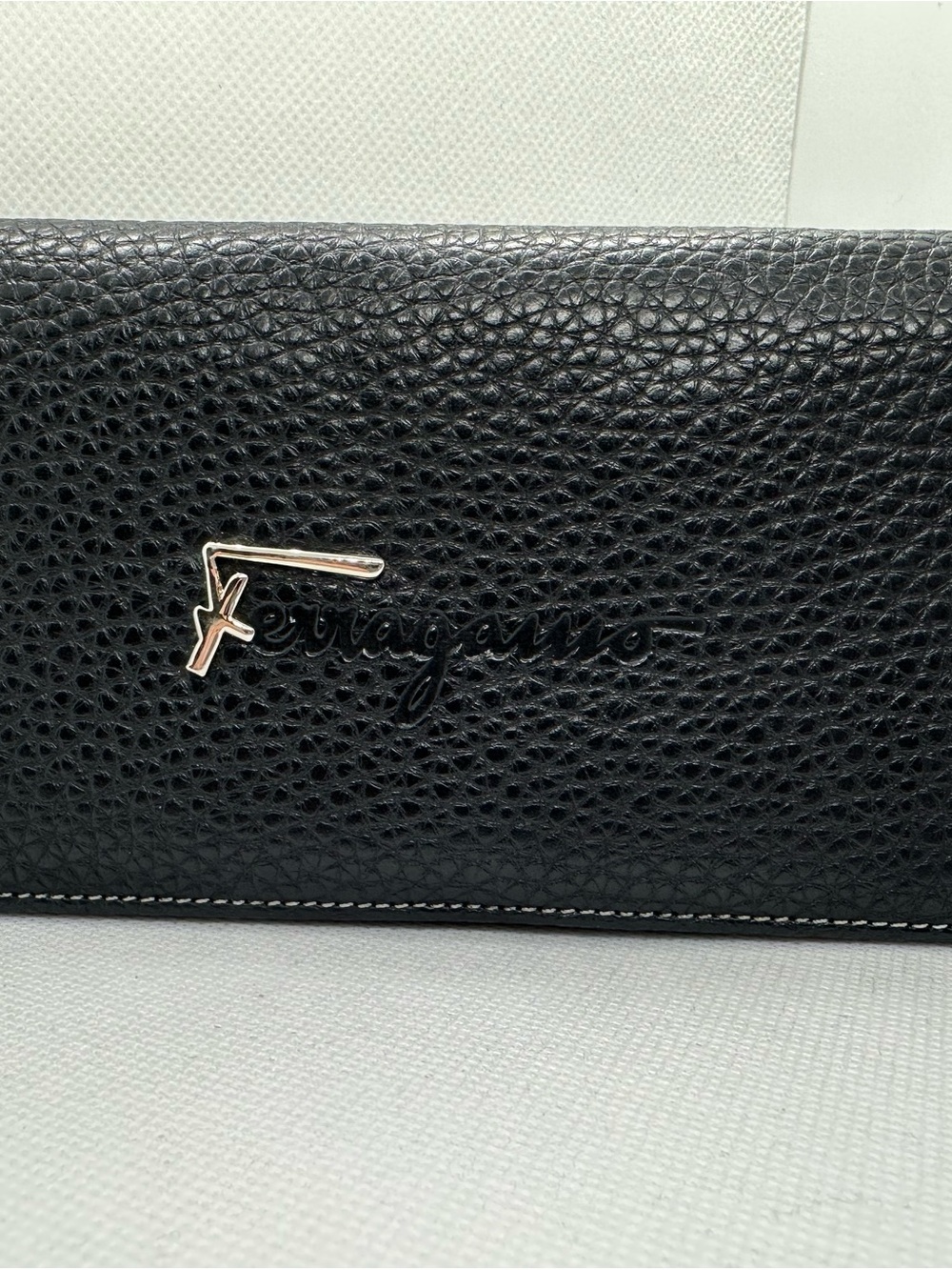 Salvatore Ferragamo Black Pebbled Leather Continental Wallet Silver Logo (115)